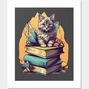 Bookish cat sleeping on books - Kitten lady & librarian gift Posters and Art